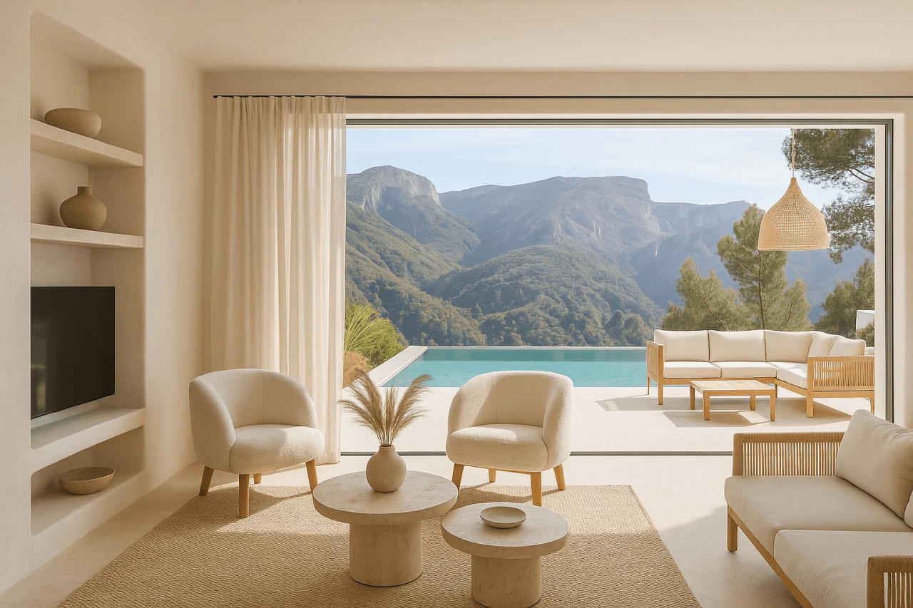 Villa de diseño exclusiva estilo Ibiza en Pedreguer con vistas panorámicas a la montaña.