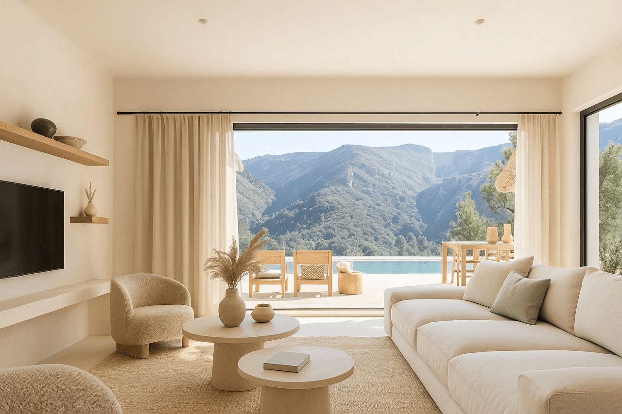 Villa neuve exclusive de style ibizien avec piscine et vue panoramique sur la montagne à Pedreguer.