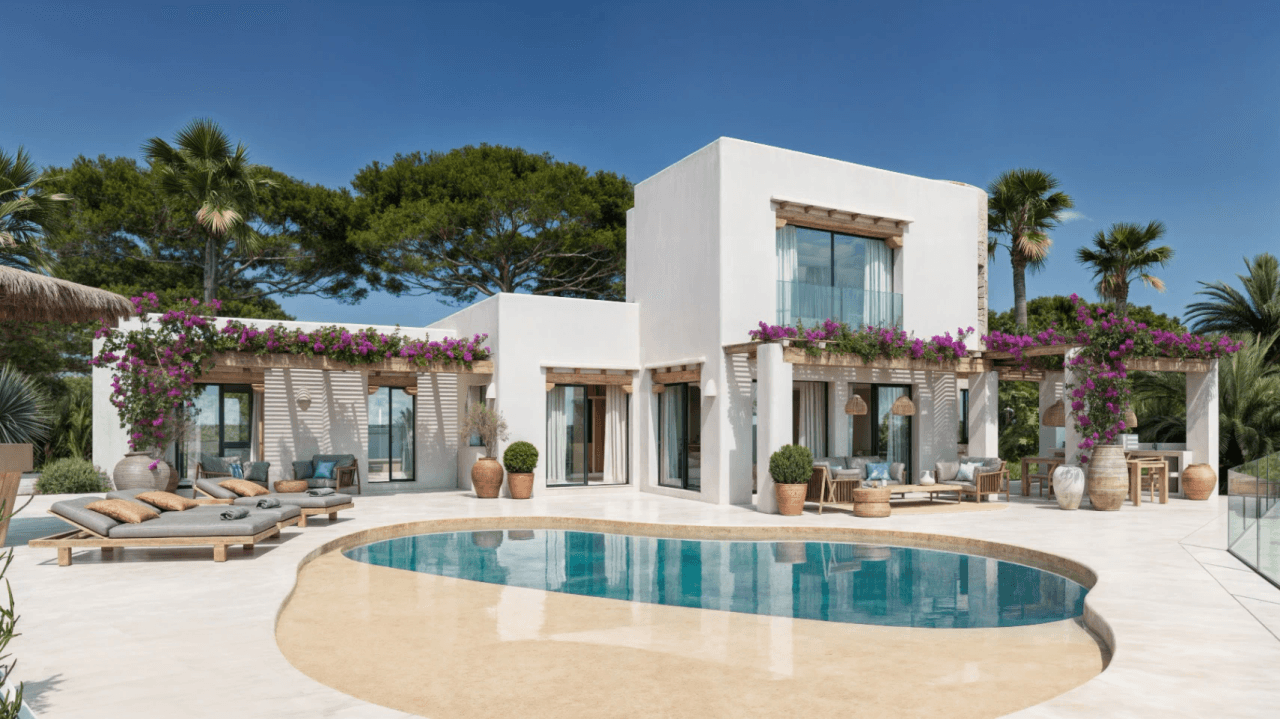 Exklusive Ibiza-Stil Villa mit Panoramablick auf das Meer und die Berge in Moraira