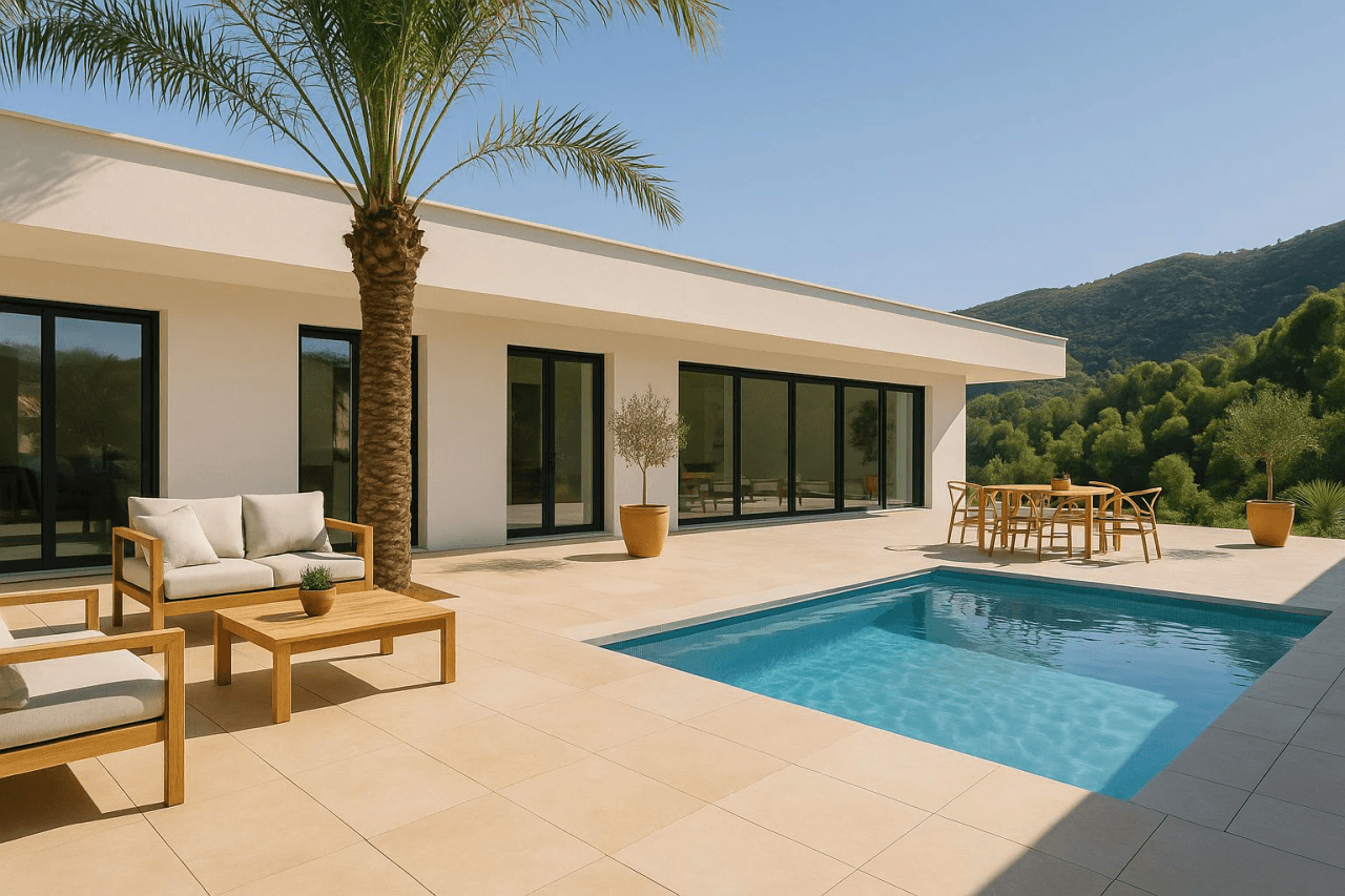 Exklusive Designvilla im Ibiza-Stil in Pedreguer mit panoramischem Blick auf die Berge