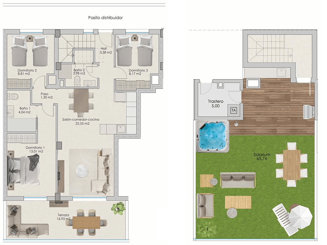 Penthouses avec 3 chambres, préinstallation de climatisation, parking privé, vue sur la mer et piscine communautaire à seulement 100 m de la plage