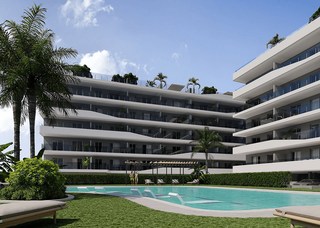 Penthouses avec 3 chambres, préinstallation de climatisation, parking privé, vue sur la mer et piscine communautaire à seulement 100 m de la plage