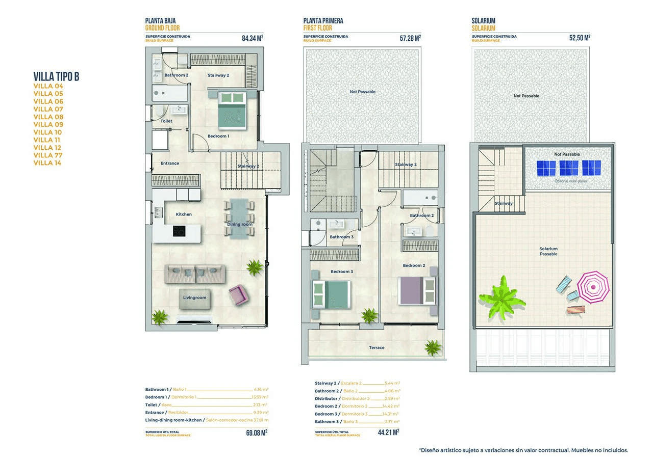 Villas exclusives avec 3 chambres, 3 salles de bain, W.C., piscine privée et toit-terrasse avec vue sur la mer