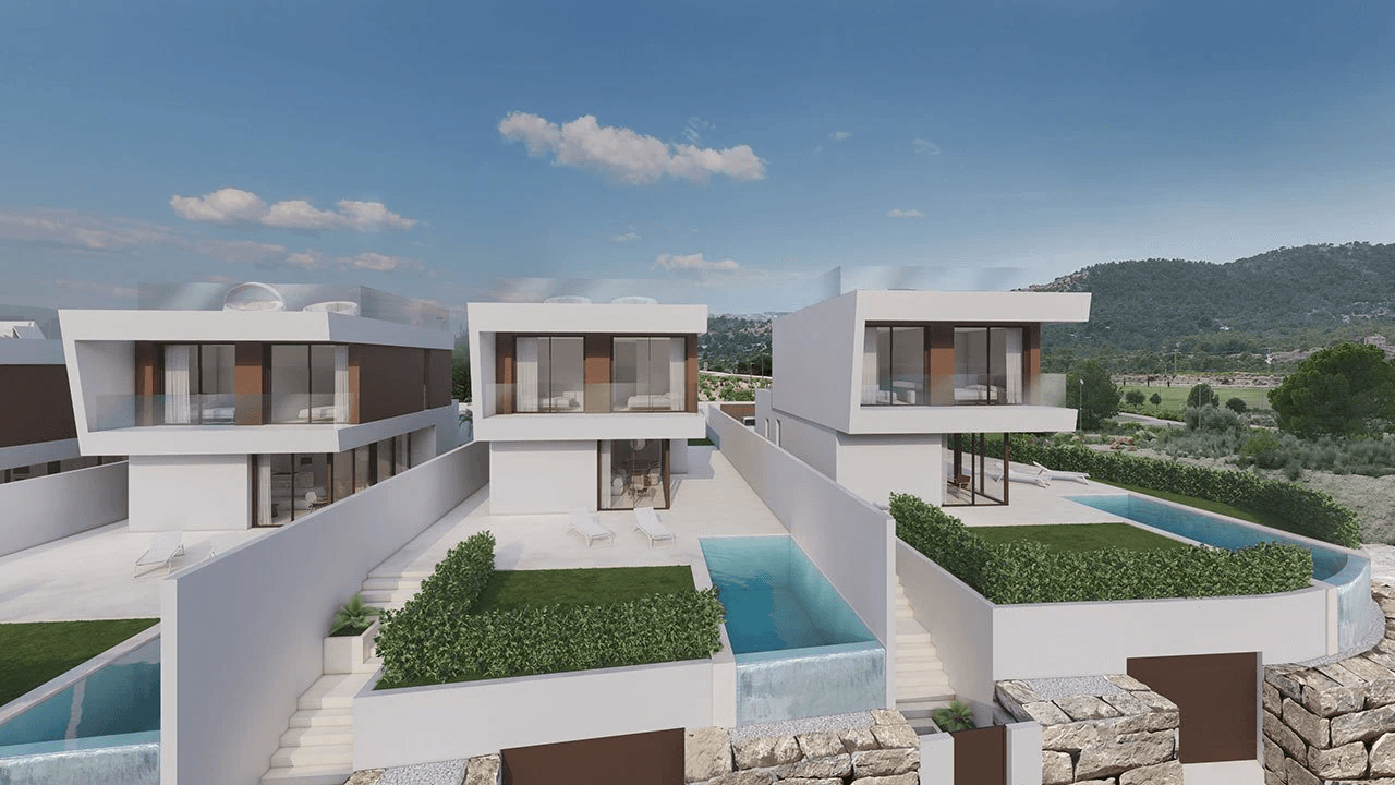 Villas exclusives avec 3 chambres, 3 salles de bain, W.C., cave, piscine privée et toit-terrasse avec vue sur la mer