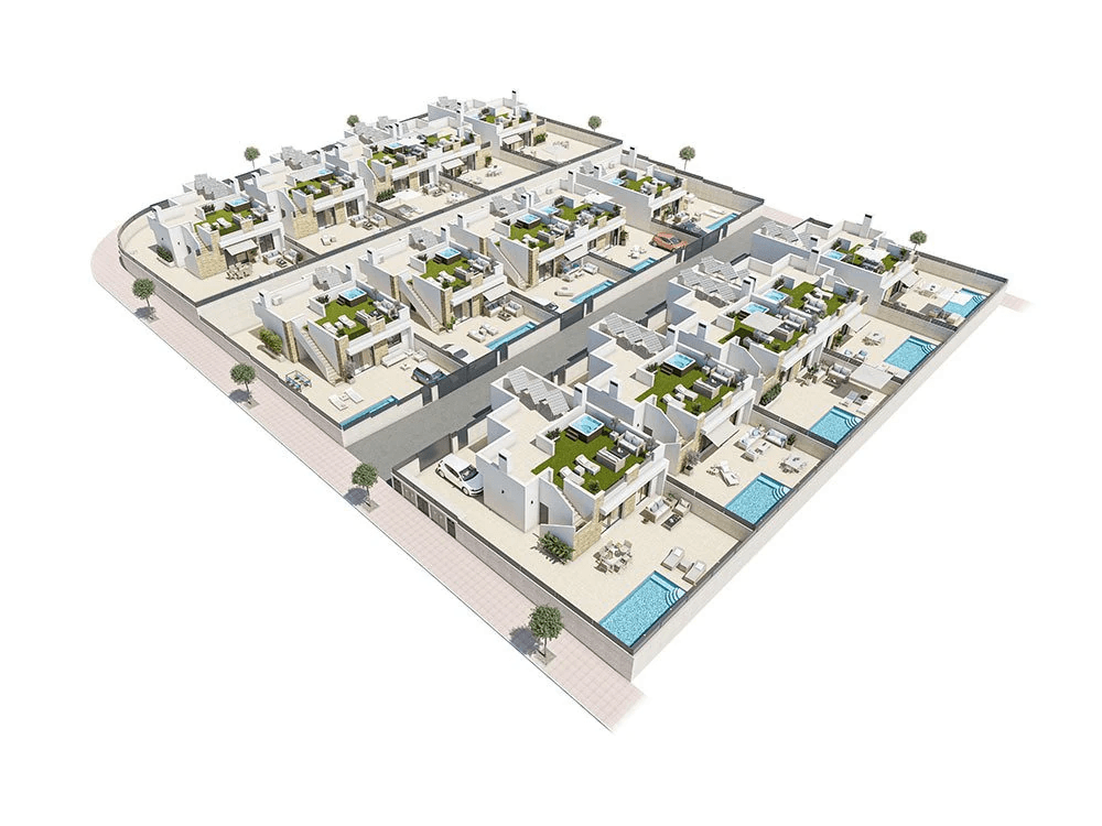 Villas jumelées exclusives avec 3 chambres, 2 salles de bains, terrasse sur le toit, climatisation, piscine privée et parking privé