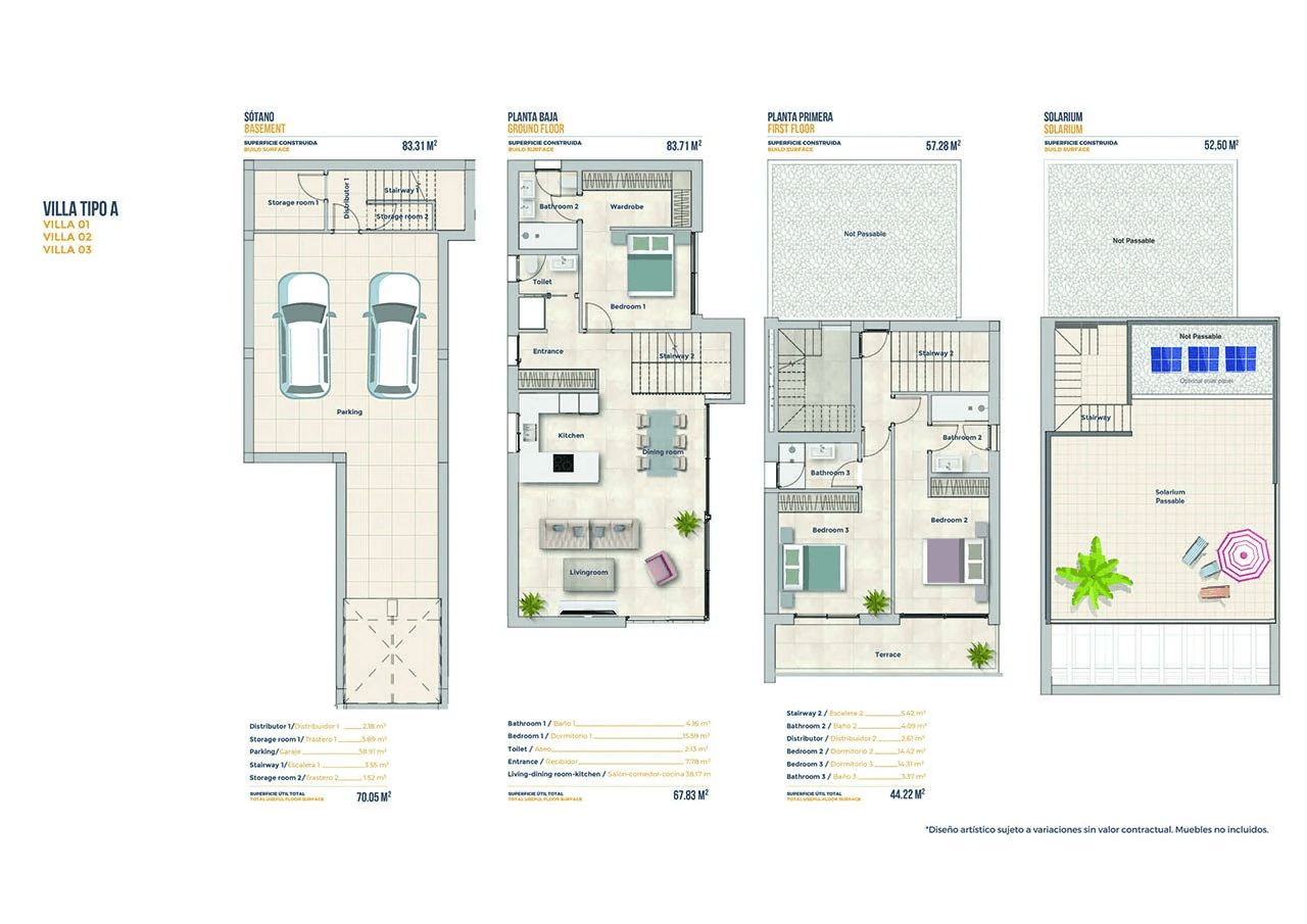 Villas exclusives avec 3 chambres, 3 salles de bain, W.C., cave, piscine privée et toit-terrasse avec vue sur la mer