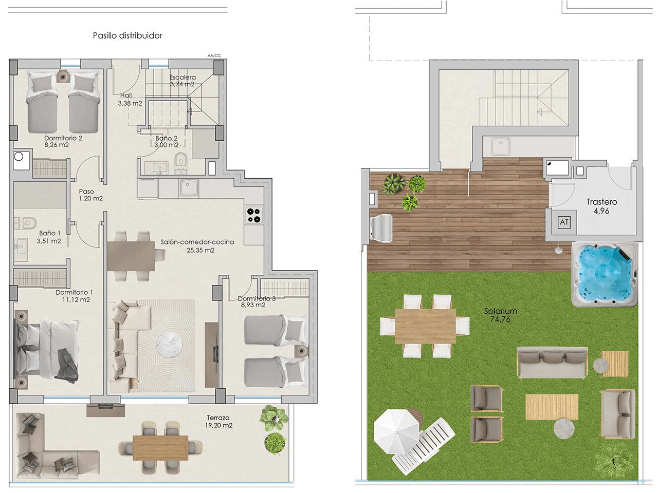 Penthouses avec 3 chambres, préinstallation de climatisation, parking privé, vue sur la mer et piscine communautaire à seulement 100 m de la plage