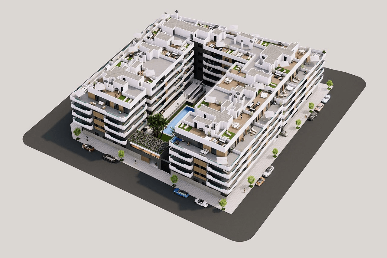 Apartamentos de 3 dormitorios y 2 baños con preinstalación aire acondicionado y piscina comunitaria a tan sólo 1 km de la playa