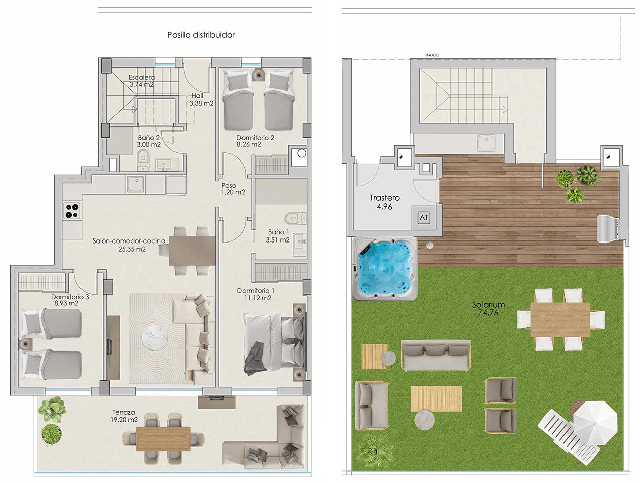 Penthouses avec 3 chambres, préinstallation de climatisation, parking privé, vue sur la mer et piscine communautaire à seulement 100 m de la plage