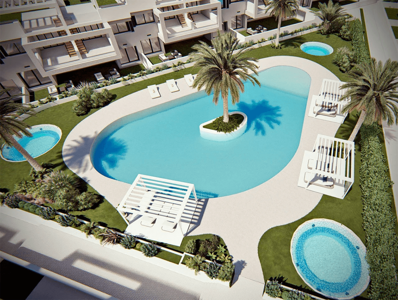 Appartements de 2 chambres et 2 salles de bain au rez-de-chaussée avec 2 terrasses, stationnement en option et piscine communautaire