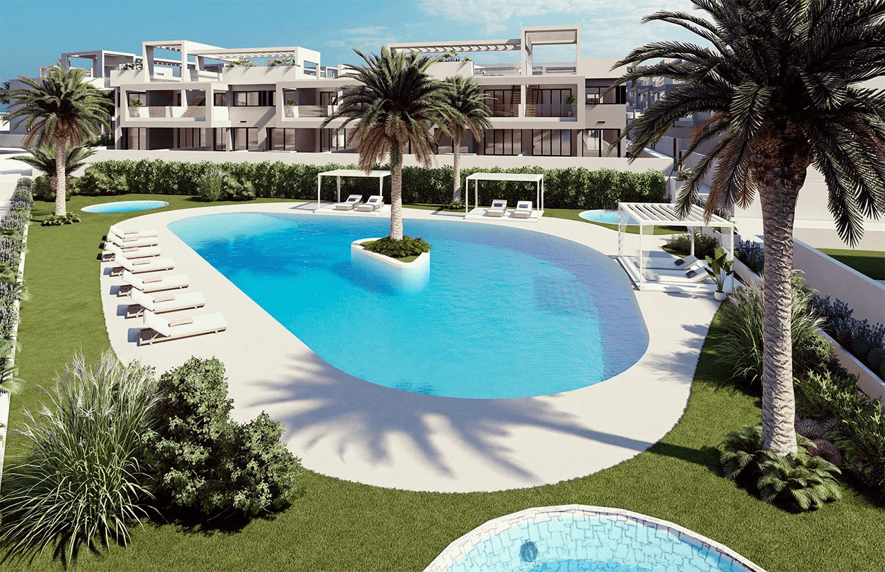 Appartements de 2 chambres et 2 salles de bain au rez-de-chaussée avec 2 terrasses, stationnement en option et piscine communautaire