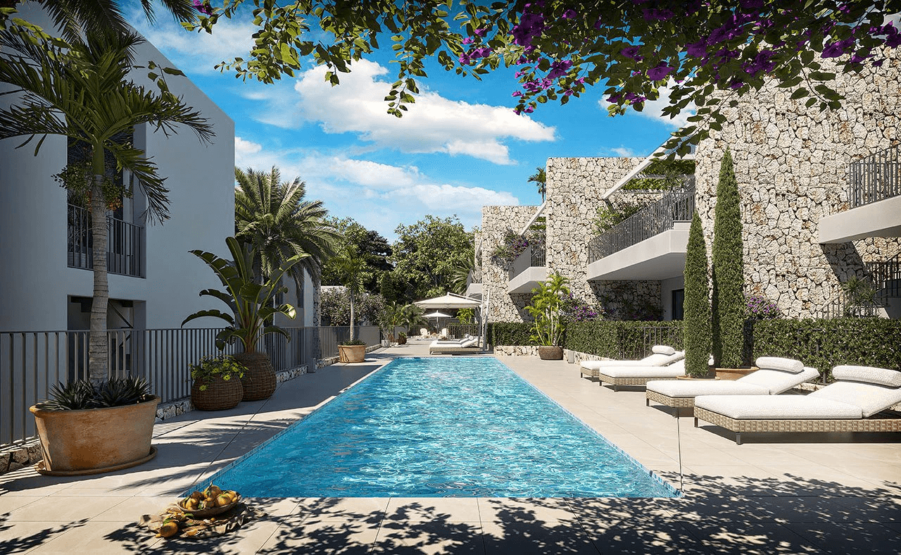 Appartements avec 3 chambres, 2 salles de bain, air conditionné, piscine communautaire et parking à seulement 100 m de la mer