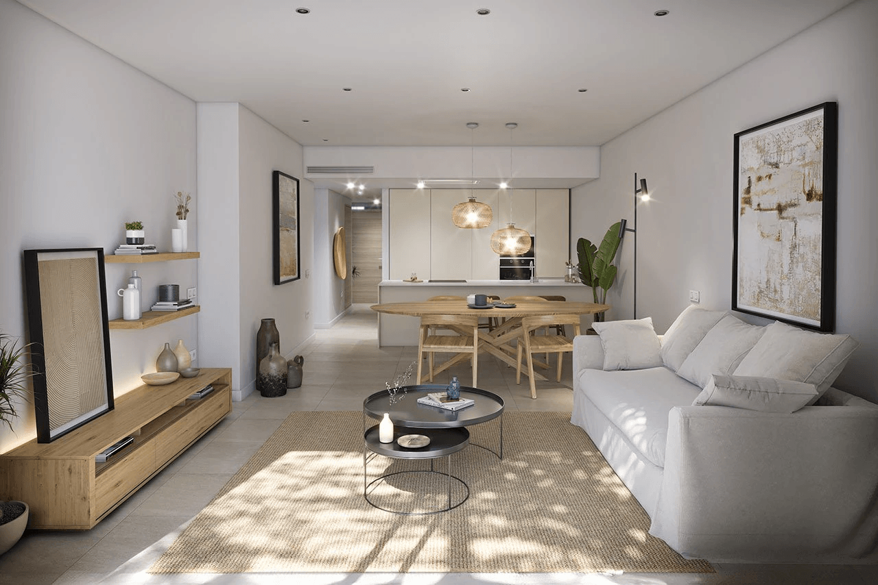 Appartements avec 3 chambres, 2 salles de bain, air conditionné, piscine communautaire et parking à seulement 100 m de la mer