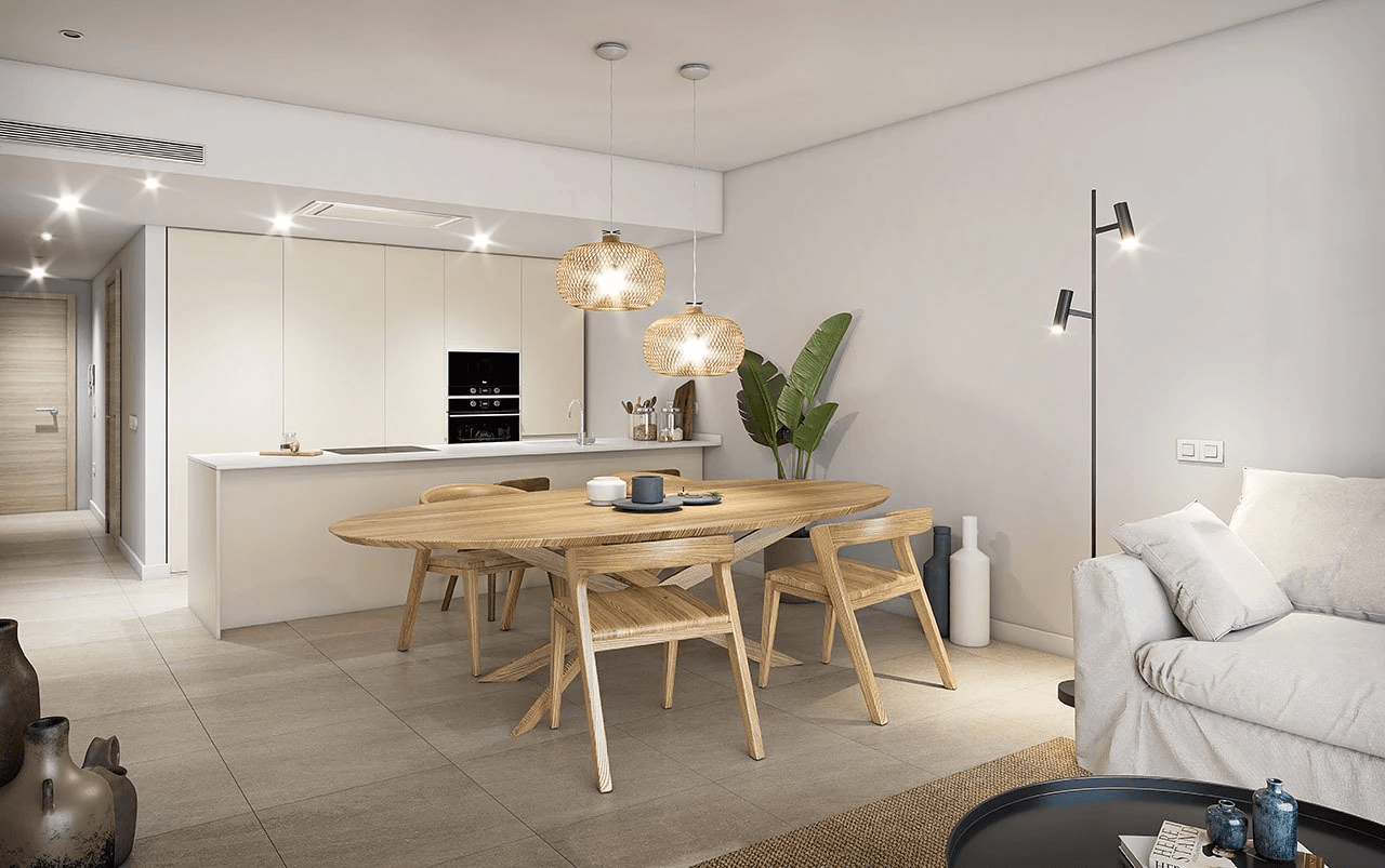 Appartements avec 3 chambres, 2 salles de bain, air conditionné, piscine communautaire et parking à seulement 100 m de la mer