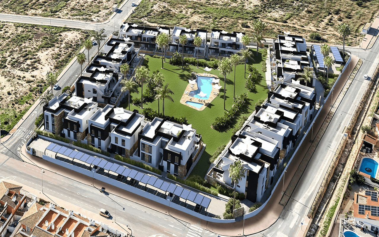 Appartements en rez-de-chaussée avec 2 chambres, cuisines équipées d’électroménagers, climatisation, parking privé et piscine commune