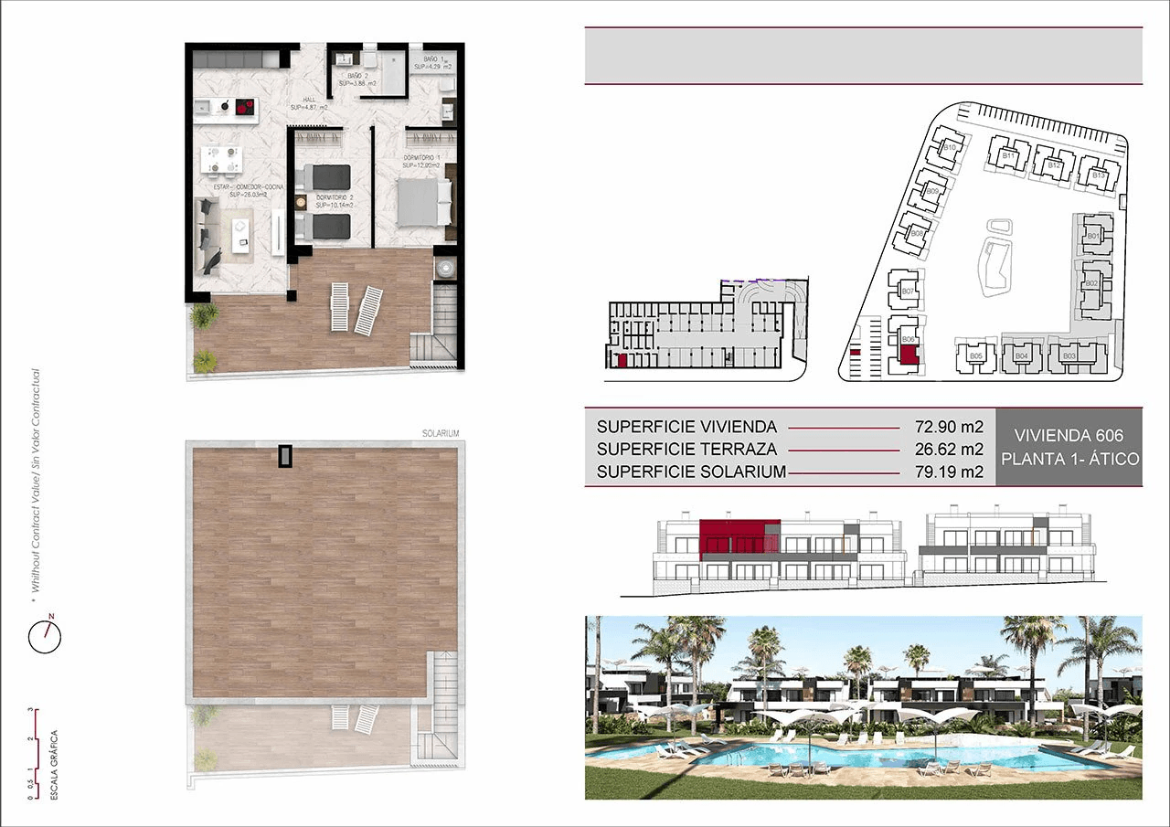Appartements en dernier étage avec 2 chambres, toit-terrasse, cuisines équipées d’électroménagers, climatisation, parking privé et piscine commune