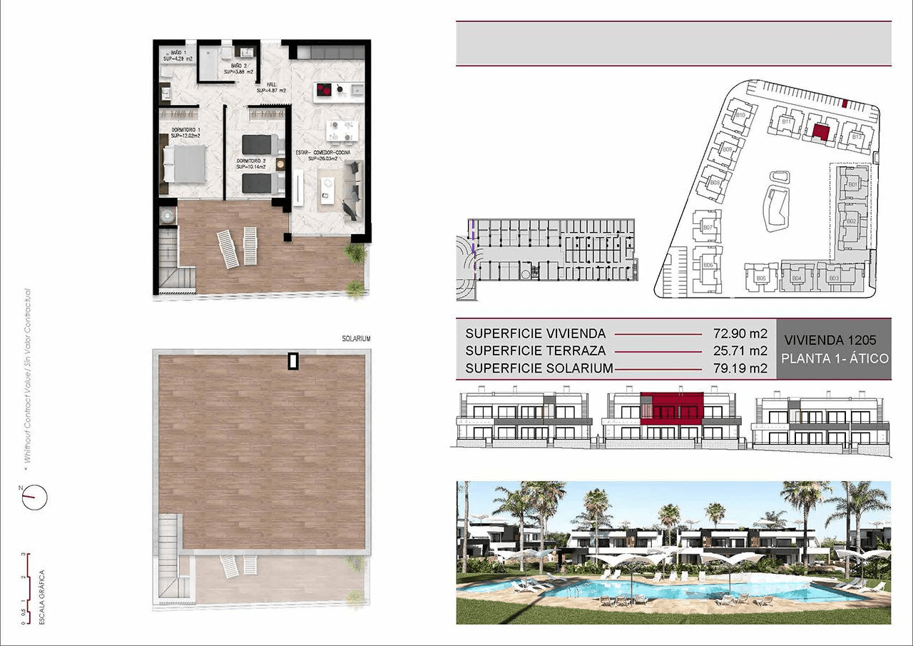 Appartements en dernier étage avec 2 chambres, toit-terrasse, cuisines équipées d’électroménagers, climatisation, parking privé et piscine commune