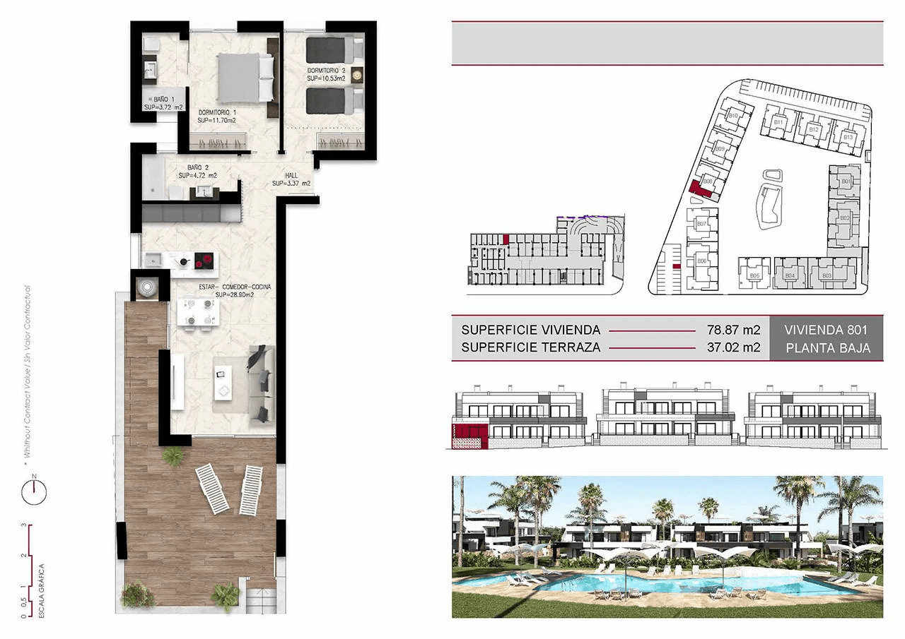 Appartements en rez-de-chaussée avec 2 chambres, cuisines équipées d’électroménagers, climatisation, parking privé et piscine commune