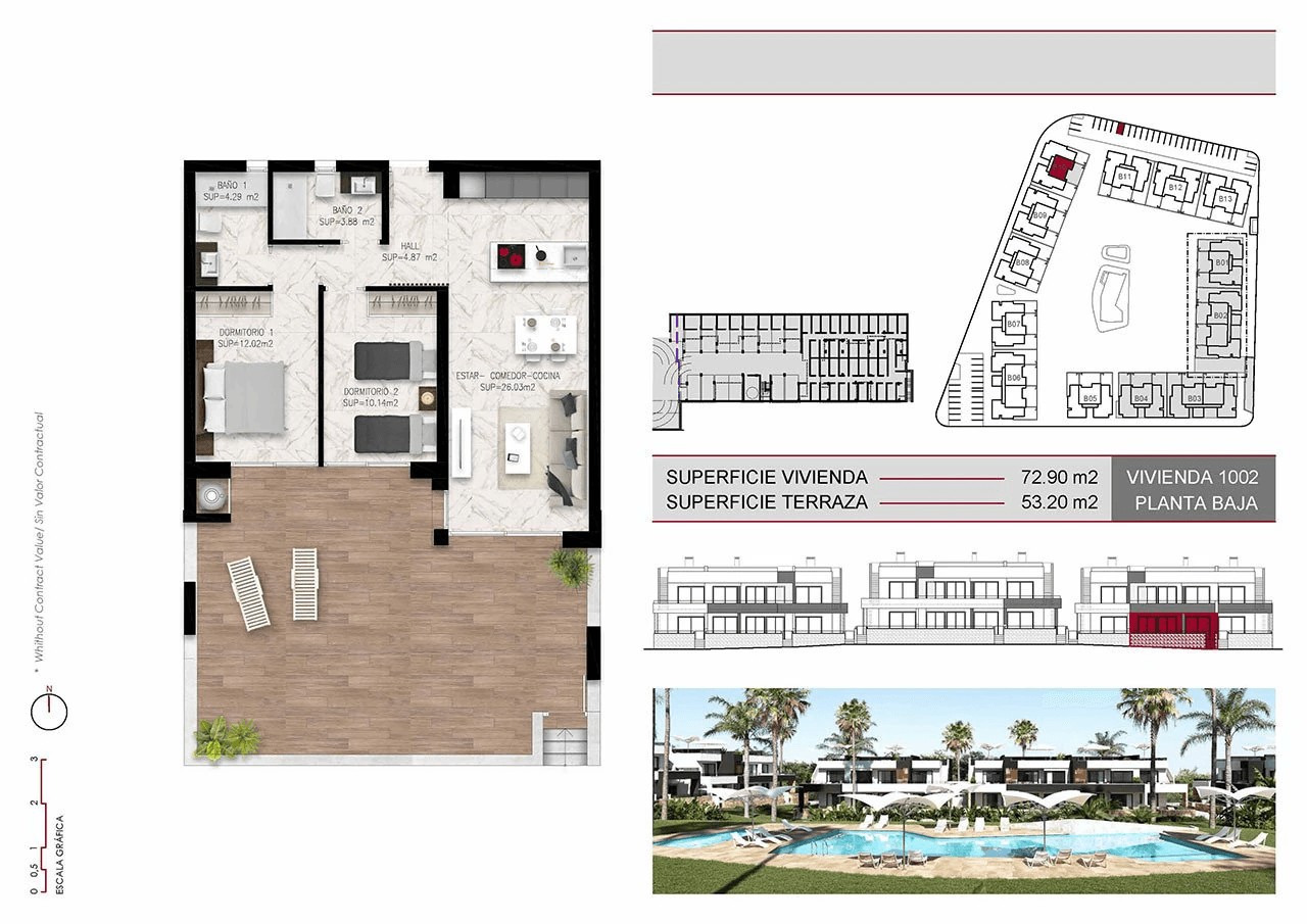 Appartements en rez-de-chaussée avec 2 chambres, cuisines équipées d’électroménagers, climatisation, parking privé et piscine commune