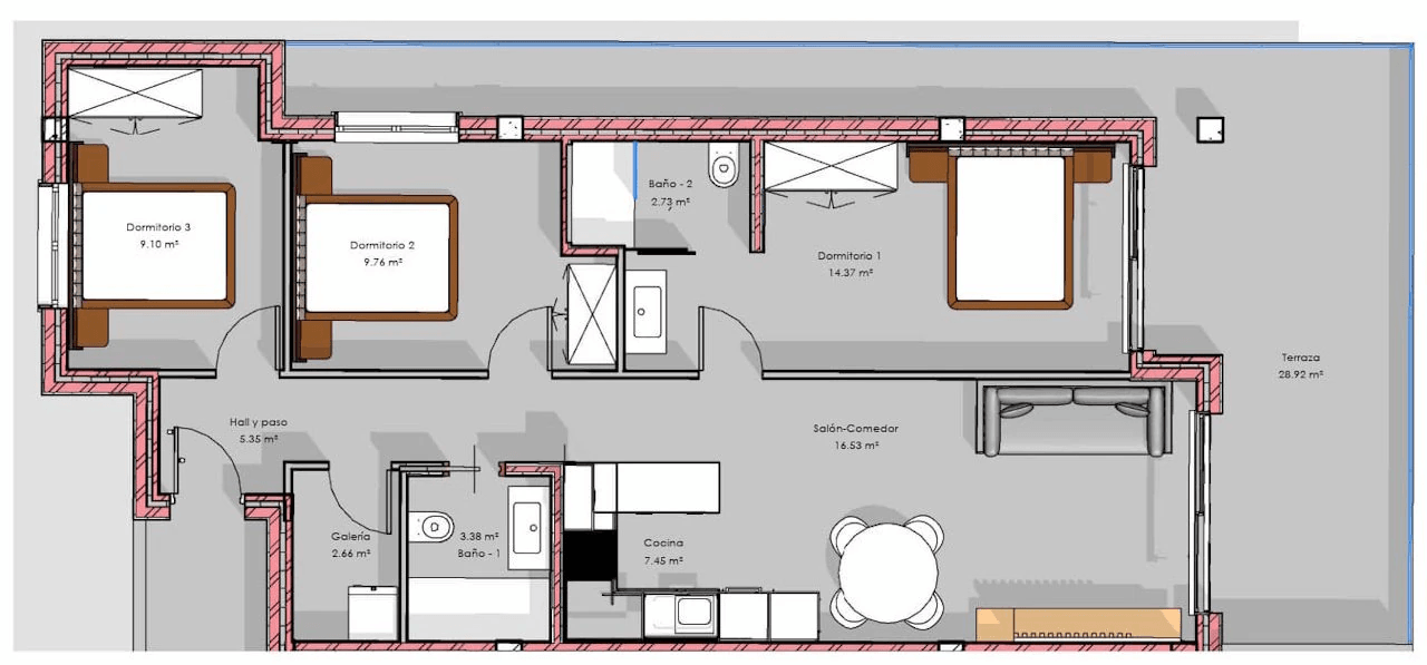 Apartamentos de 3 dormitorios y 2 baños en una urbanización cerrada con piscina comunitaria y spa