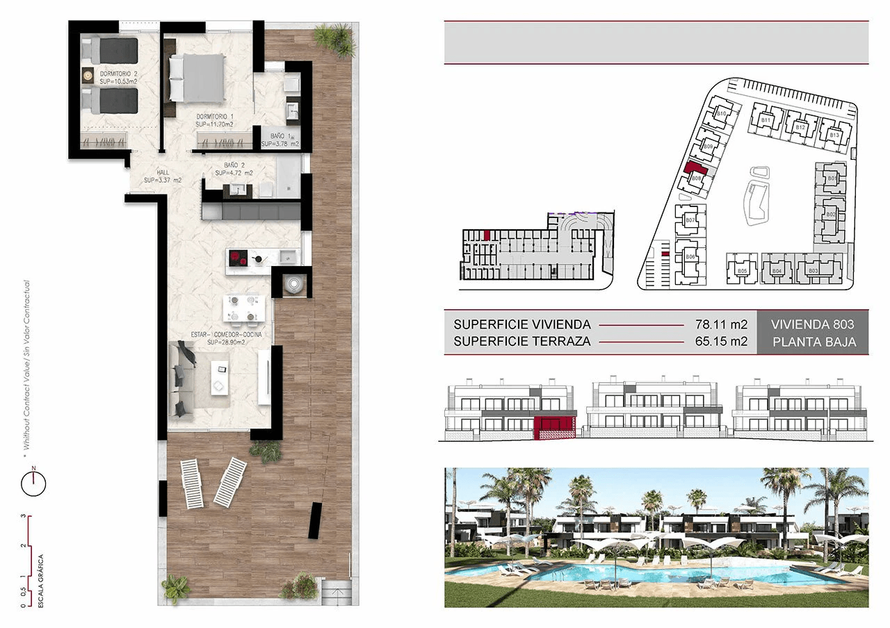 Appartements en rez-de-chaussée avec 2 chambres, cuisines équipées d’électroménagers, climatisation, parking privé et piscine commune
