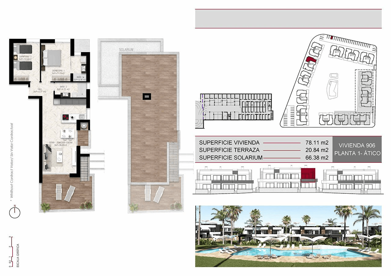 Appartements en dernier étage avec 2 chambres, toit-terrasse, cuisines équipées d’électroménagers, climatisation, parking privé et piscine commune